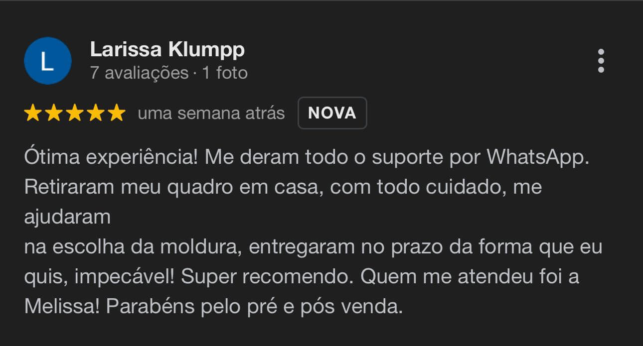Depoimento sobre a qualidade do atendimento e das molduras para projetos diversos da molduraria Moldura Minuto