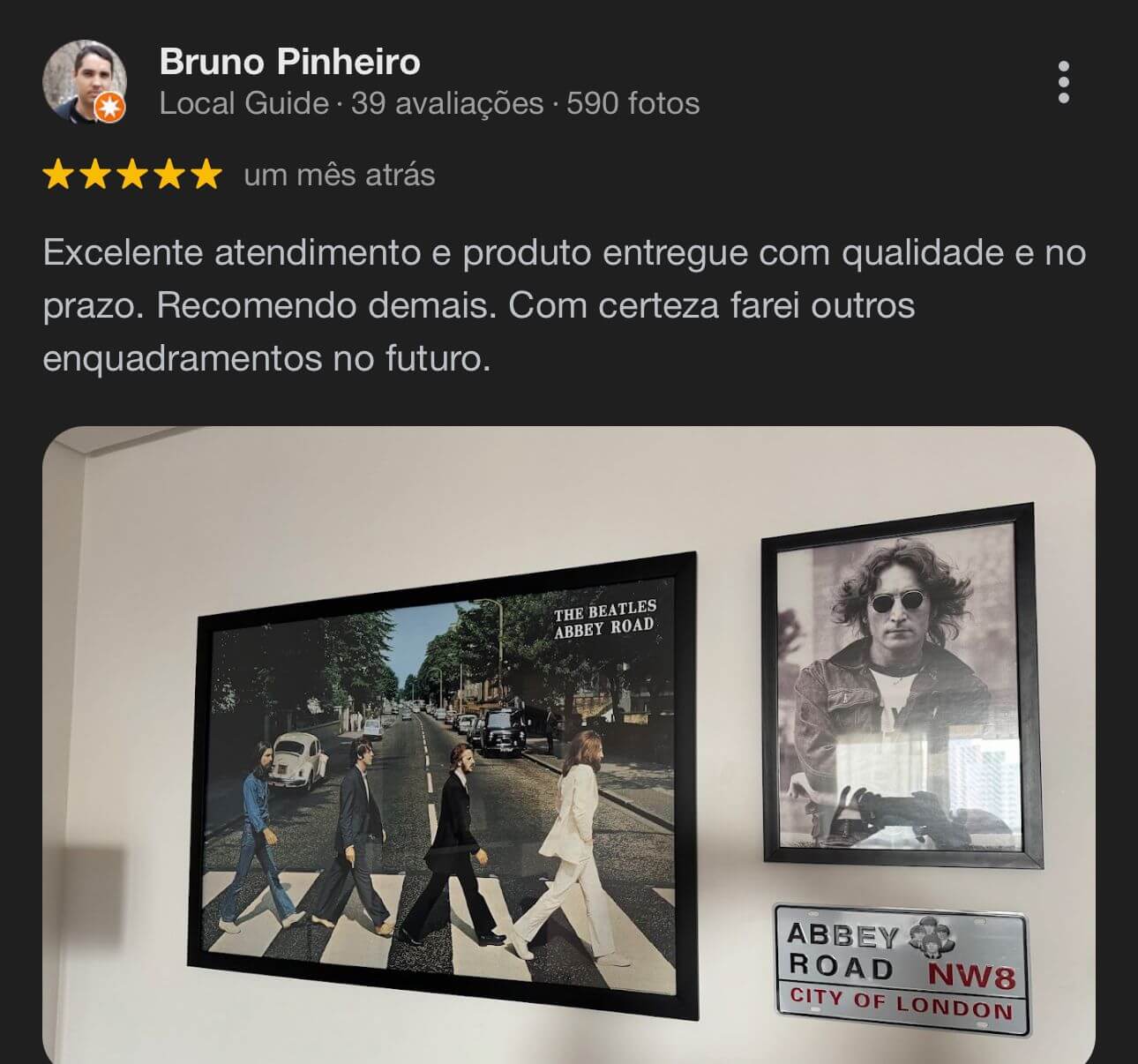 Depoimento sobre a qualidade do atendimento e das molduras para projetos diversos da molduraria Moldura Minuto