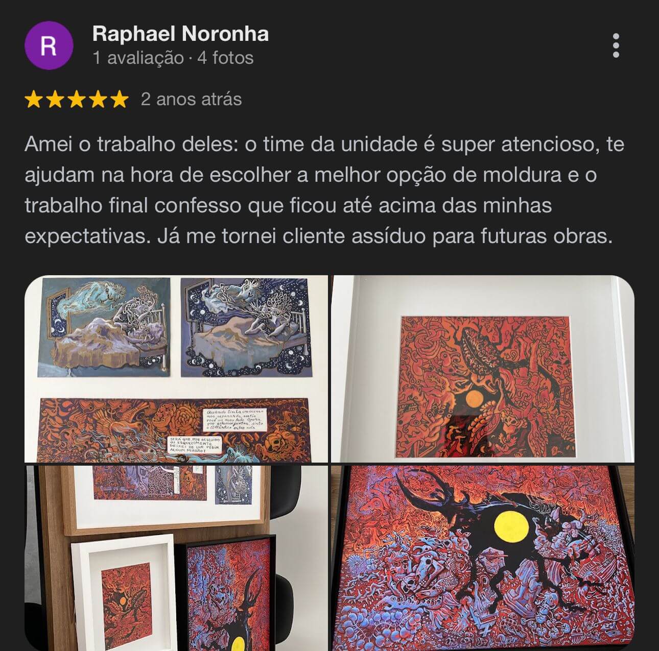 Depoimento sobre a qualidade do atendimento e das molduras para projetos diversos da molduraria Moldura Minuto