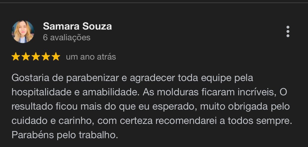 Depoimento sobre a qualidade do atendimento e das molduras para projetos diversos da molduraria Moldura Minuto