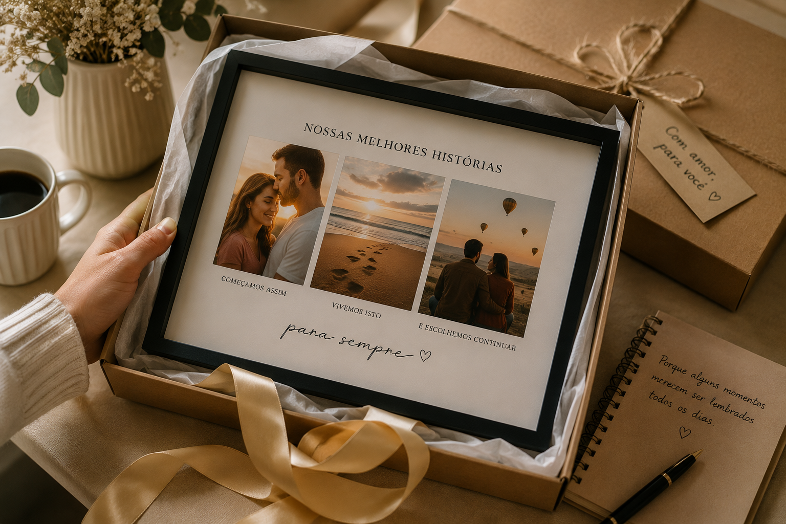 uma mao mostrando quadro de presente com moldura personalizada